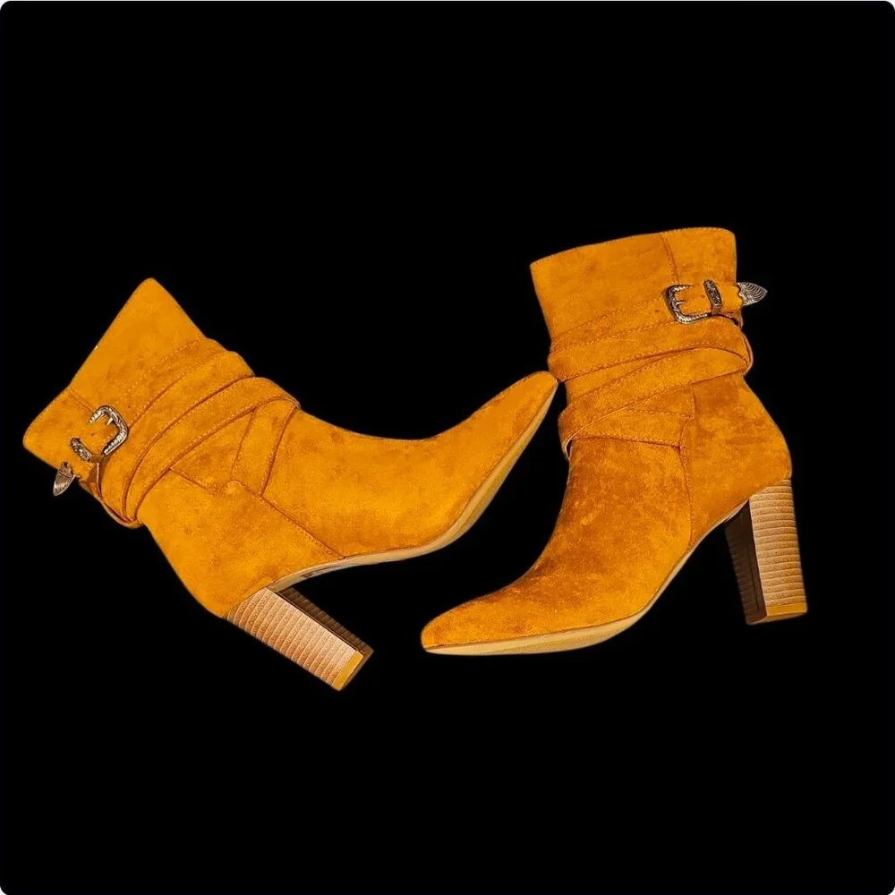 Mocha Faux Suede Ankle Boots With Stacked Heel & Decorative Buckle Strap Design - Picture 5 of 7